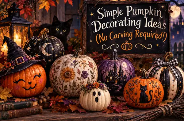 Simple Pumpkin Decorating Ideas (No Carving Required!) blog article image showing several decorated pumpkins in various styles on a table with Halloween decorations surrounding.