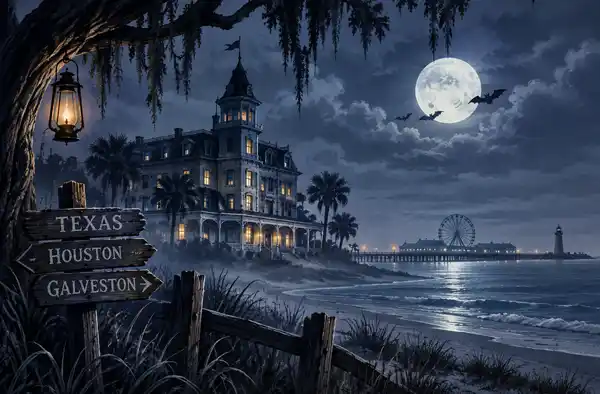 The True History Behind Local Legends: Spooky Stories from Texas, Houston & Galveston main blog image showing a full moon night with old spooky victorian Galveston home next to the water, ferris wheel in background and old wooden sign in the foreground showing direction to Houston and Galveston. History Of Texas Local Legends- Spooky Stories