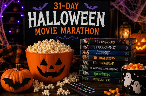 The Ultimate 31-Day Halloween Movie Marathon Watchlist blog image showing movies stacked on the table with popcorn in a pumpkin bucket next to them.