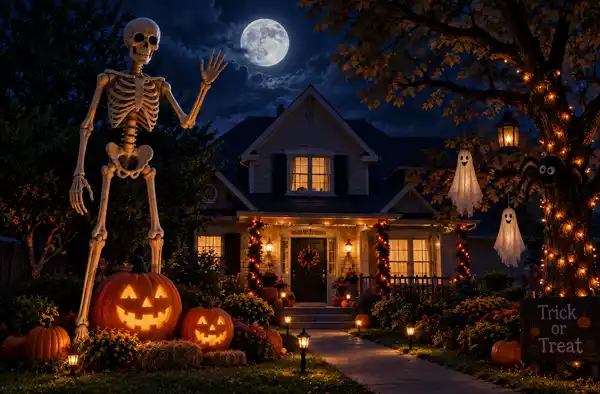 2026 Trending Oversized Halloween Decorations: Go Big, Go Spooky, or Go Home! blog article image showing large skeleton and pumpkins on front lawn and decorations on the house.